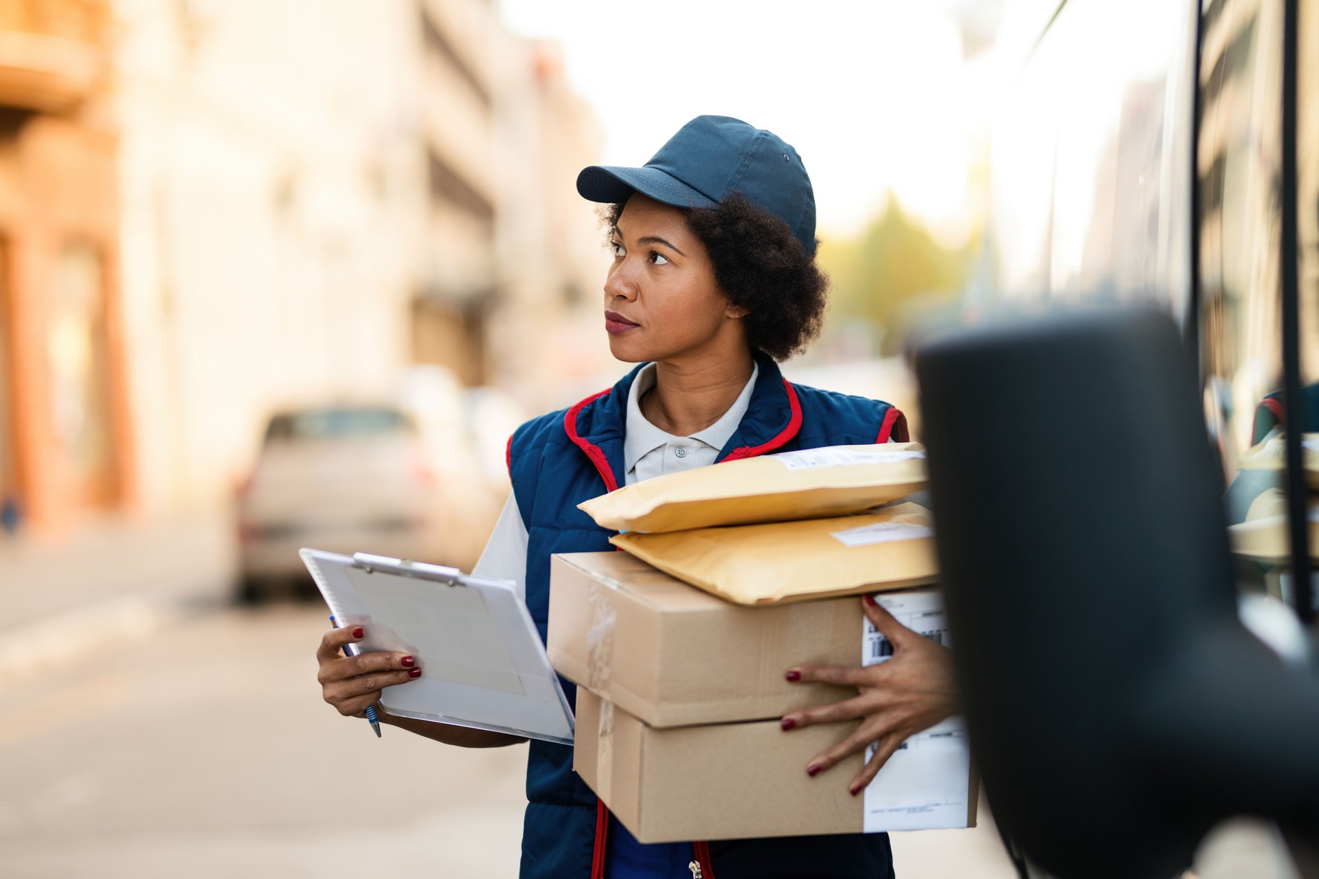 African American female deliverer with packages walking though the street.